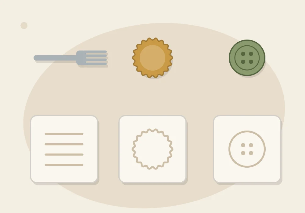 A fork, a bottle cap and a round button each lying beside the mark it presses into a small clay tile