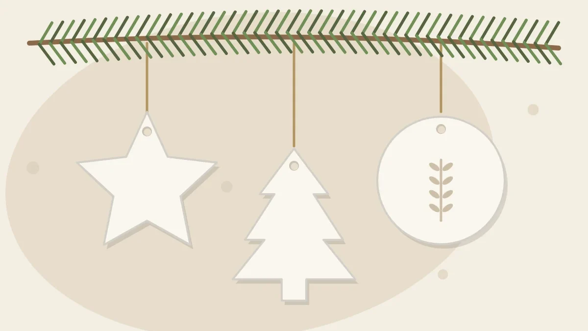 White clay Christmas ornaments, a star, a tree and a round disc with a sprig impression, hanging from an evergreen branch on twine