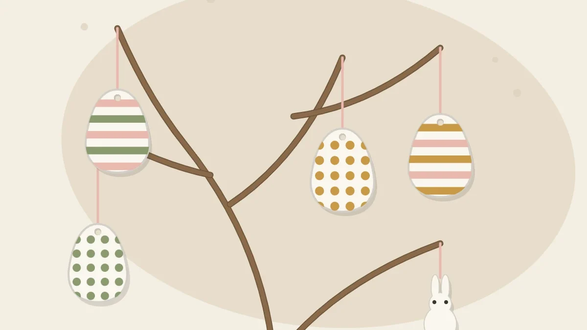 Flat clay egg decorations painted in pastel stripes and dots, plus one bunny shape, hanging on ribbons from bare branches
