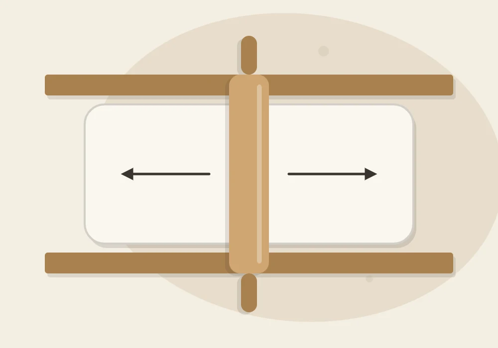 A clay slab between two parallel wooden guide sticks, with the rolling pin riding on the sticks and arrows showing rolling from the center outward
