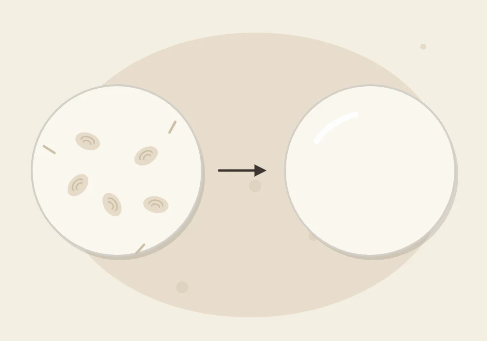 Before and after: a clay disc covered in dents and fingerprints on the left, the same disc with a clean smooth surface on the right, an arrow between them